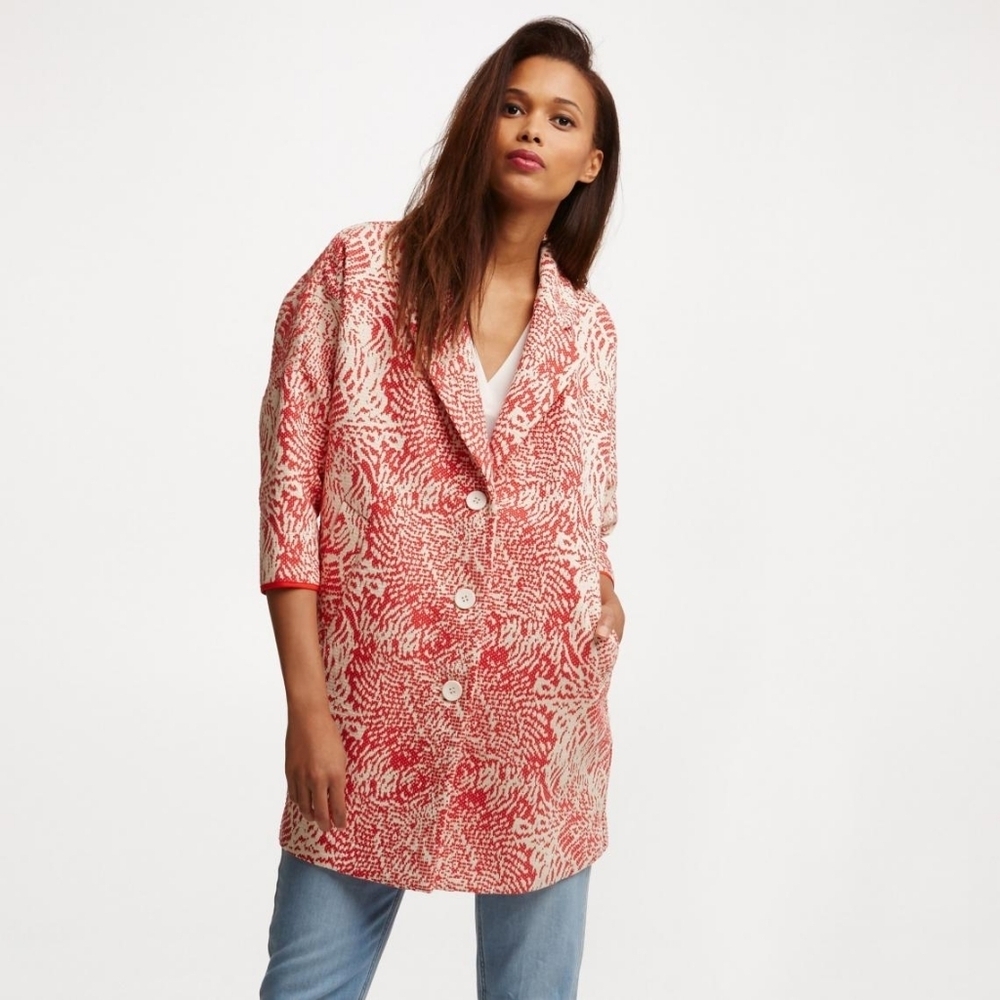 See U Soon Red and White Cotton Patterned Coat